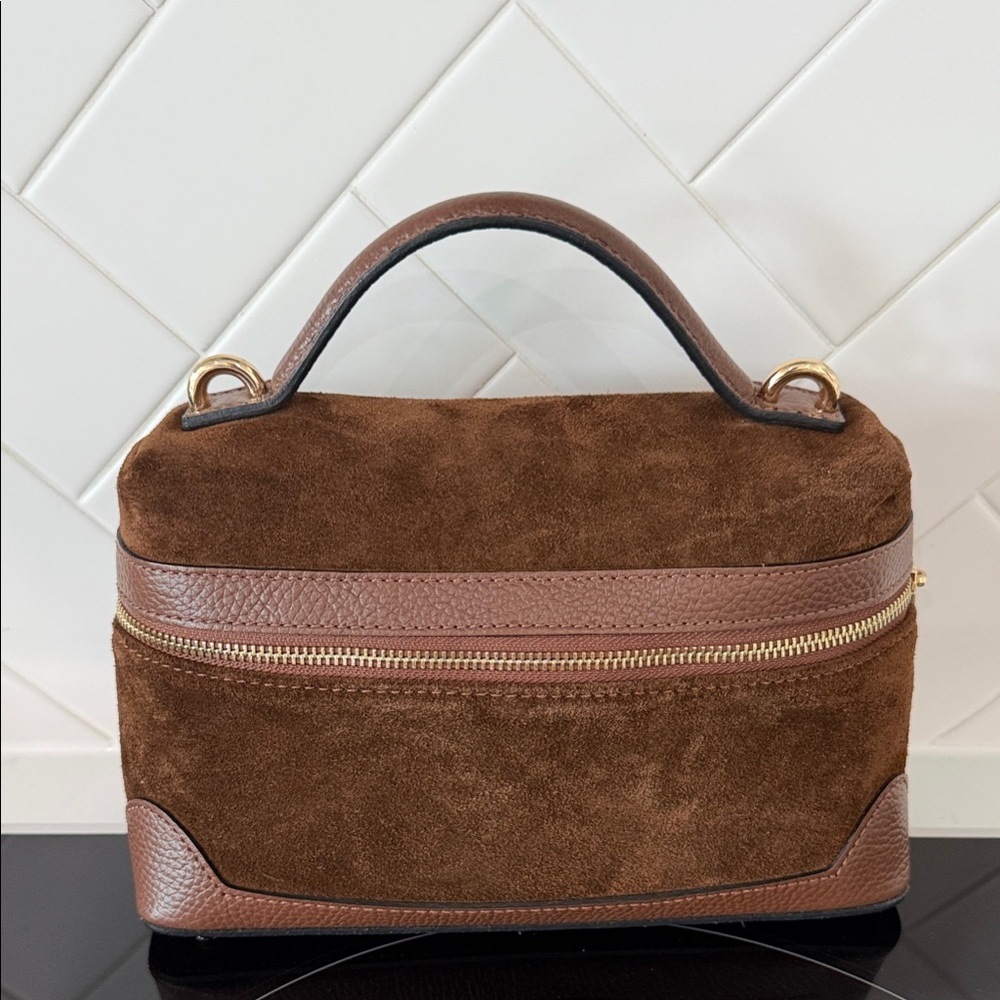 Brown Suede Top-Handle Clutch & Wristlet